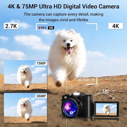 Camera Digital, 75MP WiFi 4K Vlogging Video Camera for YouTube with 3'' 180°Flip Screen, 64GB SD Card, Anti-Shake, 2 Batteries, Digital Camera for Vlogging & Photography for Beginner, Black in Kuwait