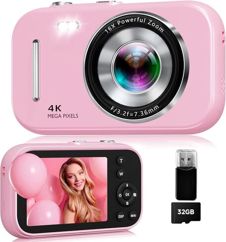 Digital Camera, 4K Auto Focus Vlogging Camera for Photography, 48MP Point and Shoot Camera with Beauty Mode & Composition Guide, Music Player Function, 32GB Card & Reader, Gift for Teens Kids, 2026 in Kuwait