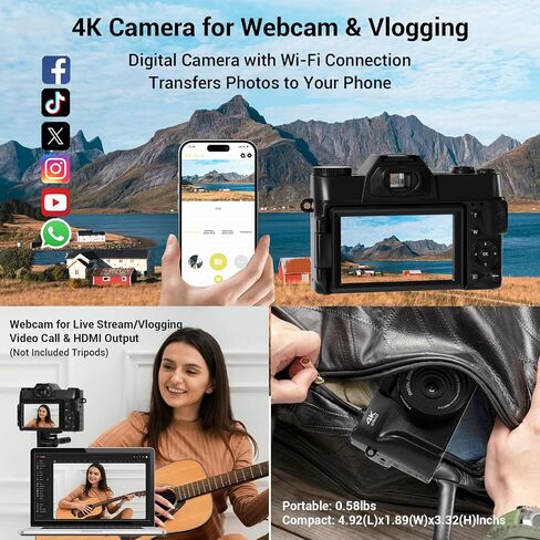 Camera Digital, 75MP WiFi 4K Vlogging Video Camera for YouTube with 3'' 180°Flip Screen, 64GB SD Card, Anti-Shake, 2 Batteries, Digital Camera for Vlogging & Photography for Beginner, Black in Kuwait