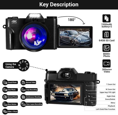 Camera Digital, 75MP WiFi 4K Vlogging Video Camera for YouTube with 3'' 180°Flip Screen, 64GB SD Card, Anti-Shake, 2 Batteries, Digital Camera for Vlogging & Photography for Beginner, Black in Kuwait