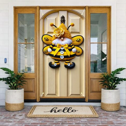 Spring Summer Door Cover 71x35 Inch Bee Gnome Door Decoration with Yellow Striped Wings Floral Hat and Bow Front Door Decor for Porch Entryway Indoor Outdoor Seasonal Wall Hanging in Kuwait