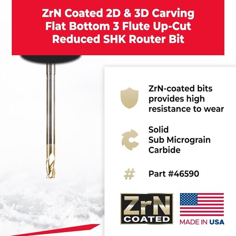 Amana Tool Extra Long CNC 2D and 3D Carving Flat Bottom 0.10 Deg Straight Router Bit, ZrN Coated, 46590, 1/4 Dia x 1/2 x 1/4 Shk x 4 Inch L x 3 Fl in Kuwait