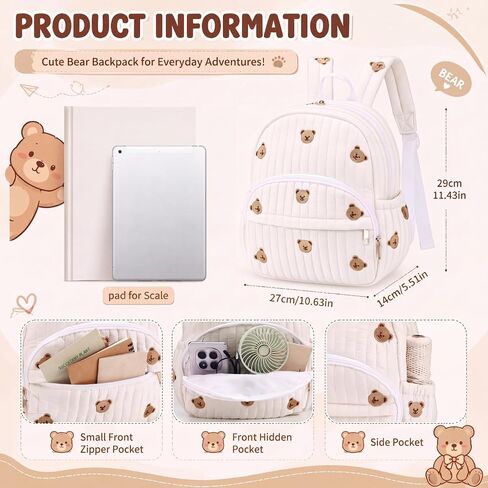 Tallew Bear Diaper Bag Backpack Large Capacity Baby Diaper Bag for Mom Cute Bear Embroidered Backpack Quilted Cute Travel Nappy Organizer for Mom Nursery Travel in Kuwait