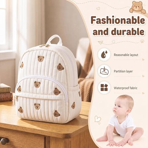 Tallew Bear Diaper Bag Backpack Large Capacity Baby Diaper Bag for Mom Cute Bear Embroidered Backpack Quilted Cute Travel Nappy Organizer for Mom Nursery Travel in Kuwait
