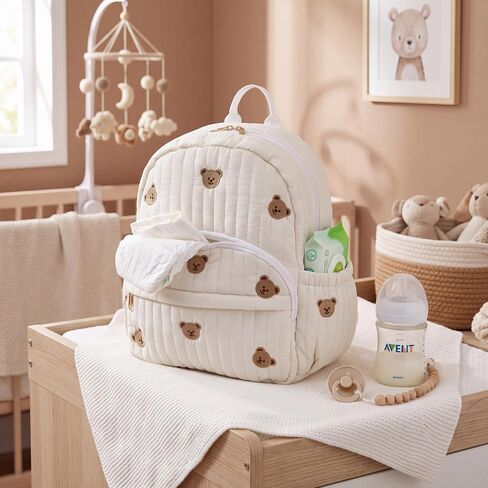 Tallew Bear Diaper Bag Backpack Large Capacity Baby Diaper Bag for Mom Cute Bear Embroidered Backpack Quilted Cute Travel Nappy Organizer for Mom Nursery Travel in Kuwait