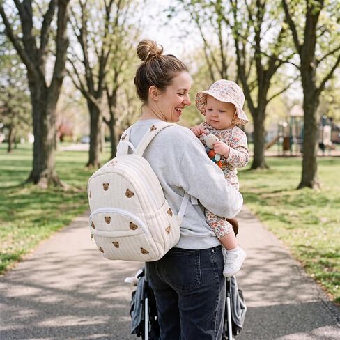 Tallew Bear Diaper Bag Backpack Large Capacity Baby Diaper Bag for Mom Cute Bear Embroidered Backpack Quilted Cute Travel Nappy Organizer for Mom Nursery Travel in Kuwait
