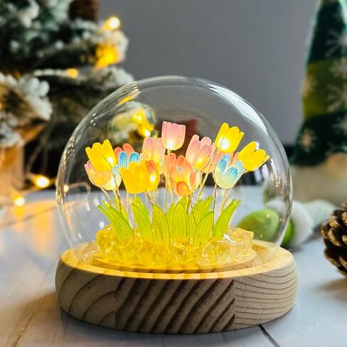 (20 Flower) Assembled Tulip Lamp Night Light with Glass Dome, Cool Handmade Artificial Flower Table Lamp Bedroom Desk Decoration for Women Girlfriend Sister Besties Birthday Christmas Gift (Purple) in Kuwait
