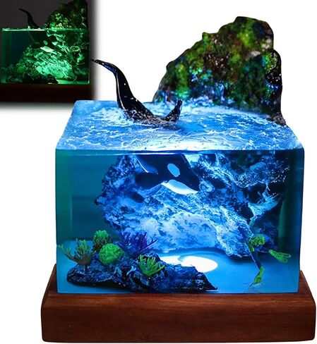 Handmade 3D Ocean Resin Lamp - USB-powered wooden base resin ocean night light, adjustable lamp, men's office decoration, living room and bedroom decoration, suitable for vacation (10*10*10cm) in Kuwait