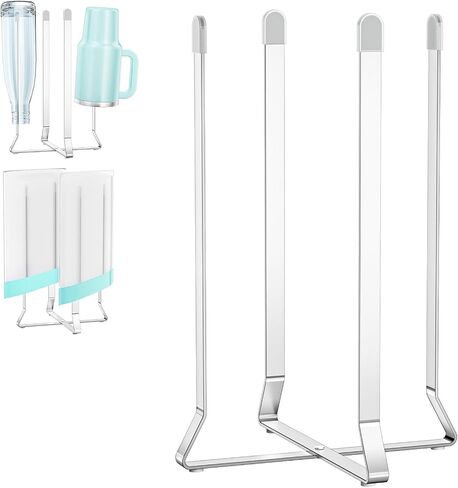 Bottle Drying Rack Reusable Drying Rack for Bottles Metal Foldable Water Bottle Dryer Holder Space Saving Cups Dryer Racks Kitchen Stand Holder for Plastic Bags, Bottles and Cups (Silver, 1PC) in Kuwait