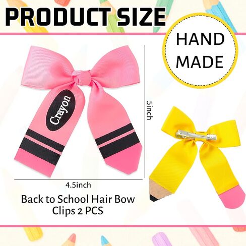 AnyDesign Hair Bows Back to School Pencil Crayon Hair Clips Ribbon Bowknot Alligator Barrettes for First Day of School Party Classroom Hairstyle Accessories, 2 Pcs in Kuwait