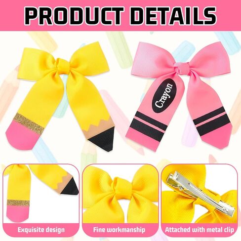 AnyDesign Hair Bows Back to School Pencil Crayon Hair Clips Ribbon Bowknot Alligator Barrettes for First Day of School Party Classroom Hairstyle Accessories, 2 Pcs in Kuwait