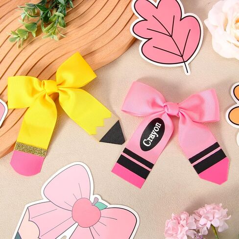 AnyDesign Hair Bows Back to School Pencil Crayon Hair Clips Ribbon Bowknot Alligator Barrettes for First Day of School Party Classroom Hairstyle Accessories, 2 Pcs in Kuwait