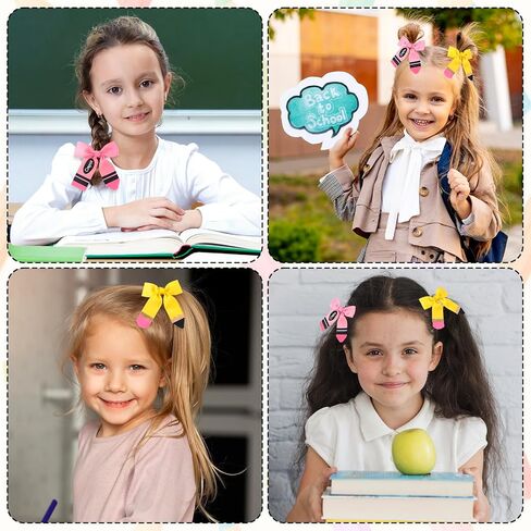 AnyDesign Hair Bows Back to School Pencil Crayon Hair Clips Ribbon Bowknot Alligator Barrettes for First Day of School Party Classroom Hairstyle Accessories, 2 Pcs in Kuwait