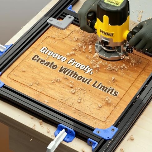 Juice Groove Router Jig, Adjustable Guide for 18"x18" Cutting Boards w/Corner Guides | Create Perfect Square/Round/Triangle Handle Grooves | Easy-Slide Smooth Finish, Black in Kuwait