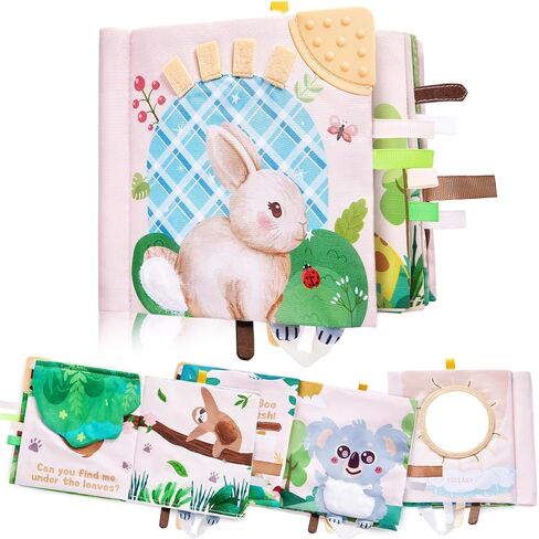 Yeeeasy Baby Soft Book with Teether & 3D Textured Tails, Touch and Feel Crinkle Sensory Toys for Newborns 0-6-12 Months, Montessori Stroller Toy for Boys Girls in Kuwait