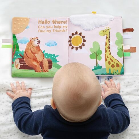Yeeeasy Baby Soft Book with Teether & 3D Textured Tails, Touch and Feel Crinkle Sensory Toys for Newborns 0-6-12 Months, Montessori Stroller Toy for Boys Girls in Kuwait