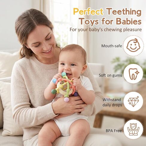 Baby Rattle Ball Sensory Toys Baby Teething Toys Over 3 Months | Silicone Baby Teether - BPA Free Newborn Infant Toddler Toys Baby Shower Gifts in Kuwait