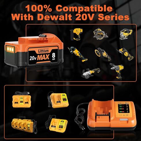 2Pack 8000mAh Replacement for Dewalt 20V Max Battery and Charger Compatible with Dewalt 20V Max Battery XR Cordless Tools DCB206 DCB200 DCB201 DCB204 DCB207 DCD/DCF/DCG Power Tool in Saudi Arabia