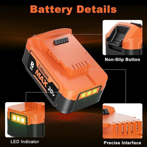 2Pack 8000mAh Replacement for Dewalt 20V Max Battery and Charger Compatible with Dewalt 20V Max Battery XR Cordless Tools DCB206 DCB200 DCB201 DCB204 DCB207 DCD/DCF/DCG Power Tool in Saudi Arabia