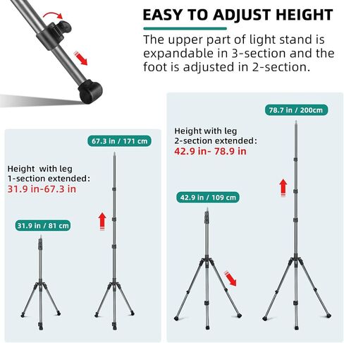 Extendable Photography Light Stand, Adjustable 6.6ft/2m Aluminum Light Tripod Stand for Travel, Reversible Portable Studio Lighting Tripod for Ring Light Camera Flash Light Strobe Light Webcam Softbox in Kuwait