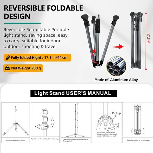 Extendable Photography Light Stand, Adjustable 6.6ft/2m Aluminum Light Tripod Stand for Travel, Reversible Portable Studio Lighting Tripod for Ring Light Camera Flash Light Strobe Light Webcam Softbox in Kuwait