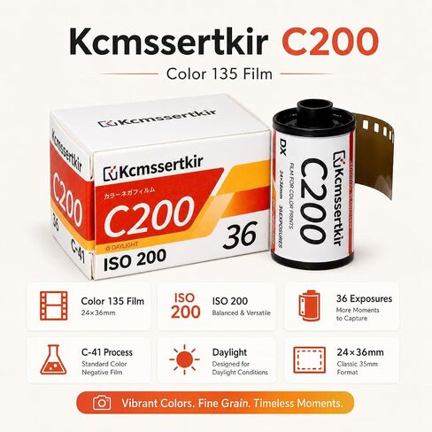 C200 Color Negative Film, ISO 200, 35mm 135 Format, 36 Exposures, Daylight Balanced, C-41 Process, for Analog Film Cameras in Kuwait
