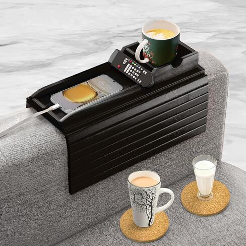 Bamboo Couch Cup Holder, 2 Cork Coasters, Anti-Slip Foldable Couch Arm Tray | 2 in 1 Foldable Sofa Arm Tray, Couch Armrest Table, Anti-Spill Couch Arm Table for Drinks TV Remote Cellphone Snacks in Kuwait