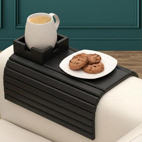 Bamboo Couch Cup Holder, Foldable Couch Armrest Table, Non-Slip Couch & Sofa Arm Tray for Drinks & Snacks - Brown in Kuwait