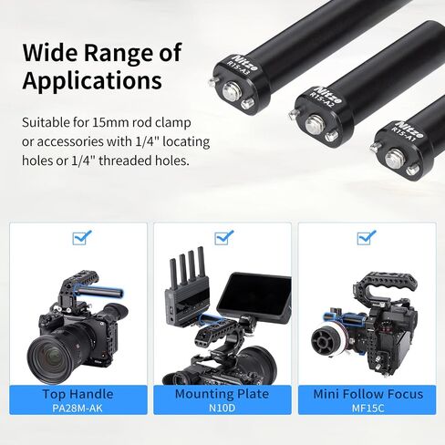 Nitze 15mm Rod with 1/4" Screw and Removable Locating Pins, 1 Inch/2 Inch/3 Inch (3 pcs) Aluminum Alloy 15mm Rod for Camera Cage, Camera Top Handle and Follow Focus - R15-AK in Kuwait