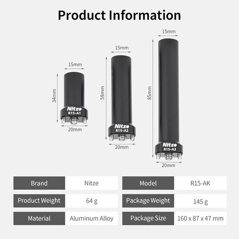 Nitze 15mm Rod with 1/4" Screw and Removable Locating Pins, 1 Inch/2 Inch/3 Inch (3 pcs) Aluminum Alloy 15mm Rod for Camera Cage, Camera Top Handle and Follow Focus - R15-AK in Kuwait