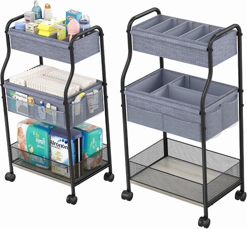 3-Tier Baby Diaper Caddy Organizer and Storage Cart, Mobile Metal Utility Cart with Rolling Wheels for Nursery Essentials with 4+2 Dividers, Large Capacity Rolling Cart For Bedroom, Bathroom, Nursery in Saudi Arabia
