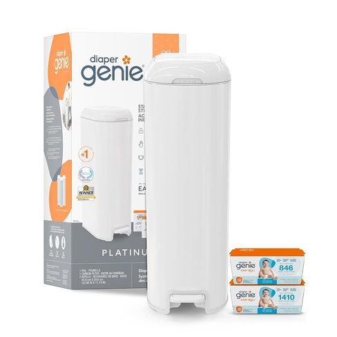Diaper Genie Platinum Diaper Pail Gift Set | Hands-Free Odor Control with Foot Pedal | Stainless Steel Baby Diaper Pail | Includes 2 Easy Roll Refills 48 Bags Total | Baby Registry Must-Have in Kuwait
