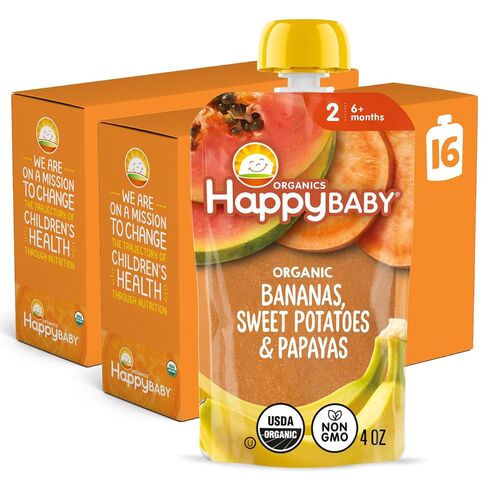 Happy Baby Organics Stage 2 Baby Food Pouches, Gluten Free, Vegan & Healthy Snack, Clearly Crafted Oat & Fruit Puree, Apples, Blueberries & Oats, 4 Ounces (Pack of 16) in Kuwait