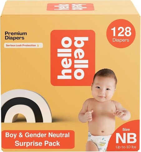 Hello Bello Newborn Premium Diapers, (Size NB - Up to 10 lbs) Surprise Pack for Boys - 128 Count, Hypoallergenic with Soft, Cloth-Like Feel - Assorted Boy & Gender Neutral Patterns in Kuwait
