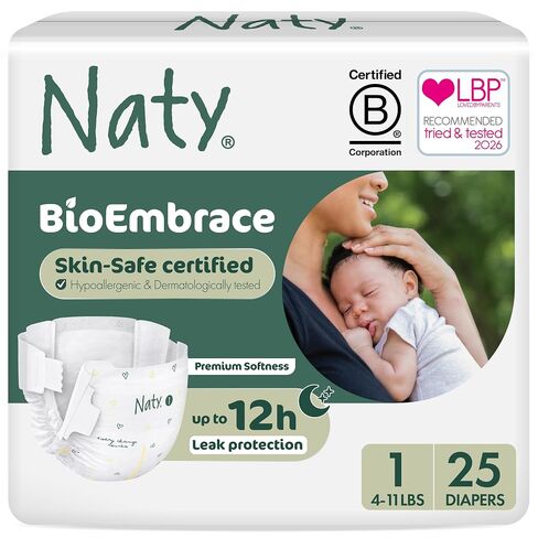 Naty BioEmbrace Baby Newborn Diapers, Size 1 (4–11 lbs), 25 Count | Hypoallergenic for Sensitive Skin, Up to 12 Hour Leak Protection, Absorbent, Plant-based teddy softness, Premium comfort in Saudi Arabia
