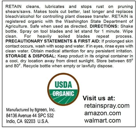 RETAIN Organic Garden Tool Cleaner & Lubricant, 32 oz. Spray – Plant Based, WSDA Certified Organic, Rust Prevention for Pruning Shears & Saws in Kuwait