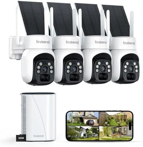 firstrend Solar Security Cameras Wireless Outdoor, No Monthly Fee, Human Auto Tracking, 360° Pan & Tilt, Wireless Security Camera System with Two-Way Audio, 2K Color Night Vision, IP65, 4 Camera Kit in Kuwait