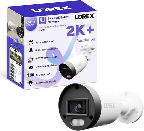 Lorex Connect (New App) | U3 2K+ IP Add-On PoE Bullet Camera | No Cable | White | Color Night Vision | Red & Blue Deterrence Lights | AI Motion Detection | Listen-In Audio | IP67 Weatherproof in Kuwait
