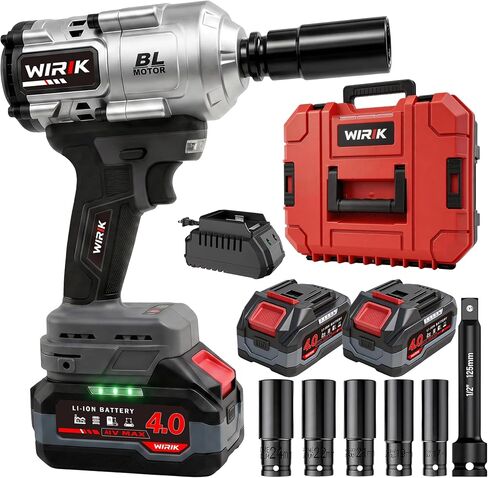 WIRIK Cordless Impact Wrench, 21V 1/2" Brushless High Torque Impact Gun | 1000N.m (737Ft-lbs) Breakaway Torque, 2x4.0Ah Batteries, Auto Stop, LED Light, 3 Modes & 5 Sockets for Truck, RV & Heavy Duty in Kuwait
