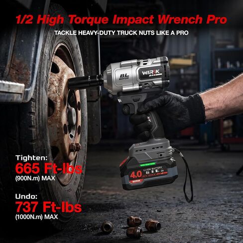 WIRIK Cordless Impact Wrench, 21V 1/2" Brushless High Torque Impact Gun | 1000N.m (737Ft-lbs) Breakaway Torque, 2x4.0Ah Batteries, Auto Stop, LED Light, 3 Modes & 5 Sockets for Truck, RV & Heavy Duty in Kuwait
