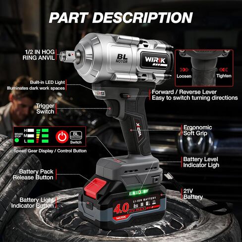WIRIK Cordless Impact Wrench, 21V 1/2" Brushless High Torque Impact Gun | 1000N.m (737Ft-lbs) Breakaway Torque, 2x4.0Ah Batteries, Auto Stop, LED Light, 3 Modes & 5 Sockets for Truck, RV & Heavy Duty in Kuwait