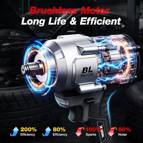WIRIK Cordless Impact Wrench, 21V 1/2" Brushless High Torque Impact Gun | 1000N.m (737Ft-lbs) Breakaway Torque, 2x4.0Ah Batteries, Auto Stop, LED Light, 3 Modes & 5 Sockets for Truck, RV & Heavy Duty in Kuwait
