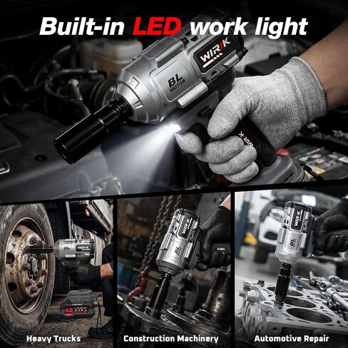 WIRIK Cordless Impact Wrench, 21V 1/2" Brushless High Torque Impact Gun | 1000N.m (737Ft-lbs) Breakaway Torque, 2x4.0Ah Batteries, Auto Stop, LED Light, 3 Modes & 5 Sockets for Truck, RV & Heavy Duty in Kuwait