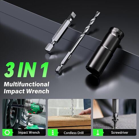 Brushless Cordless Impact Wrench, 550N.m (400 ft-lbs) 1/2" Impact Gun, 2-in-1 Power Drill Combo Kit with 1×Battery, 3-Speed & 4 Sockets and Adapter for Car Tires, Home DIY Tool in Kuwait
