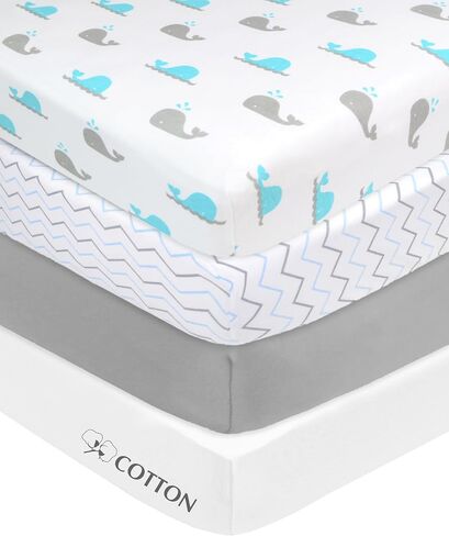 American Baby Company 4 Fitted Mini Crib Sheets 38x24", BL ZZ/Whale/GY/WT | 100% Natural Cotton Small Nesting Portable Crib Sheet, Fits Pack N Play Mattress - Soft & Breathable, Neutral for Boy & Girl in Kuwait