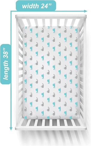 American Baby Company 4 Fitted Mini Crib Sheets 38x24", BL ZZ/Whale/GY/WT | 100% Natural Cotton Small Nesting Portable Crib Sheet, Fits Pack N Play Mattress - Soft & Breathable, Neutral for Boy & Girl in Kuwait
