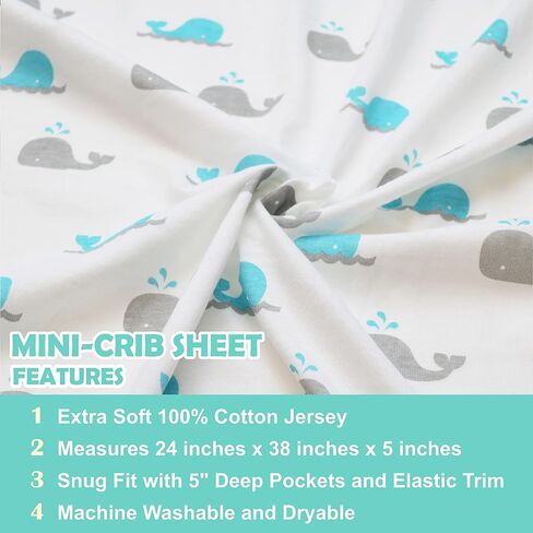 American Baby Company 4 Fitted Mini Crib Sheets 38x24", BL ZZ/Whale/GY/WT | 100% Natural Cotton Small Nesting Portable Crib Sheet, Fits Pack N Play Mattress - Soft & Breathable, Neutral for Boy & Girl in Kuwait
