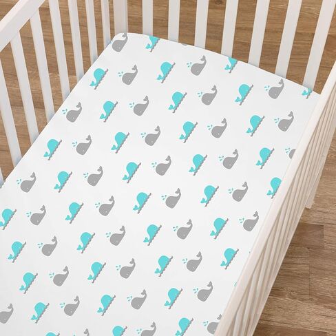 American Baby Company 4 Fitted Mini Crib Sheets 38x24", BL ZZ/Whale/GY/WT | 100% Natural Cotton Small Nesting Portable Crib Sheet, Fits Pack N Play Mattress - Soft & Breathable, Neutral for Boy & Girl in Kuwait