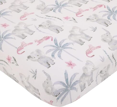 NoJo Tropical Princess Elephant/Jungle Pink and Green 100% Cotton Fitted Crib Sheet in Kuwait