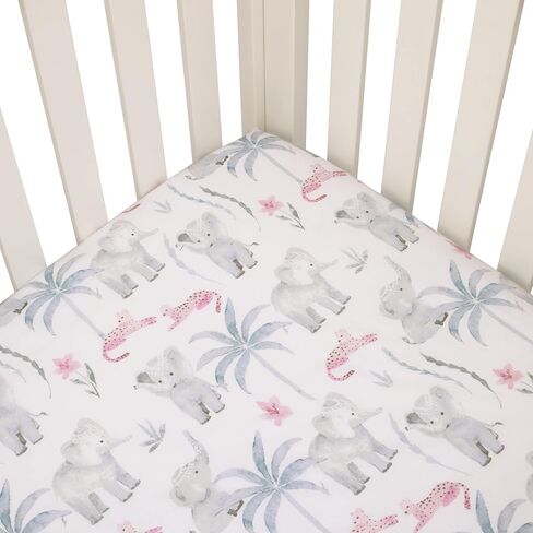 NoJo Tropical Princess Elephant/Jungle Pink and Green 100% Cotton Fitted Crib Sheet in Kuwait